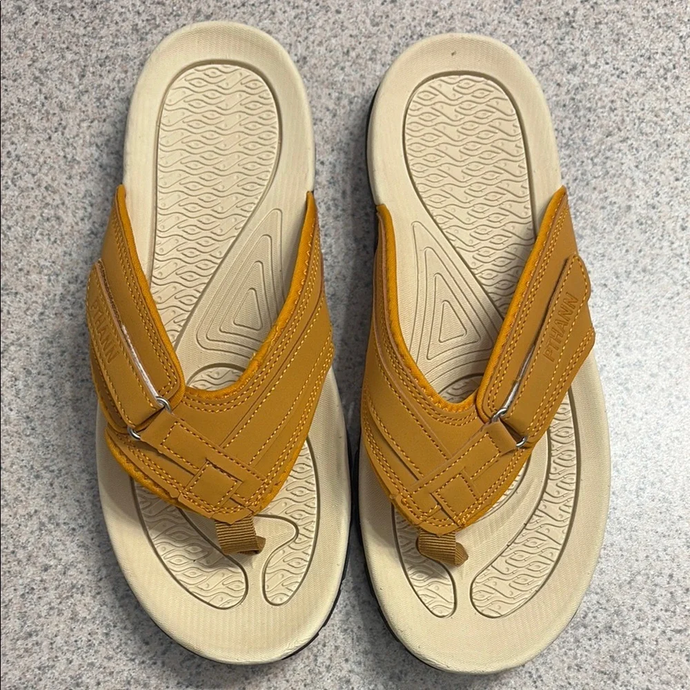 Yellow and Cream Sandals with Wide Straps and Contoured Soles - Picture 1 of 7